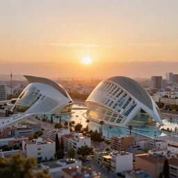 sunrise over a microscopic city of valencia, calatrava, macro photography, digital art by greg rutkowski, trending on artstation