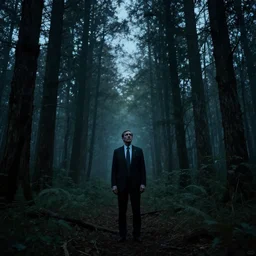 ted cruz standing alone in a dense forest landscape over a twilight sky, creepy, lovecraftian