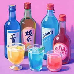 game asset of close up japanese drinks and liquor, in gouache detailed paintings, props, stylized, 2 d sprites, kitbash, arcane, overwatch, blue and pink color scheme, 8 k, close up