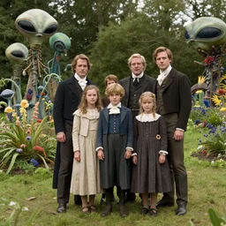 sharp, highly detailed, 5120k film, 17500mm film still from a sci fi blockbuster color movie made in 2019, set in 1860, of a family standing in a park, next to some strange alien plants and flowers, on an alien planet, the family are all wearing 1860s era clothes, good lighting, enhanced faces, 350mm f/1.4L lens