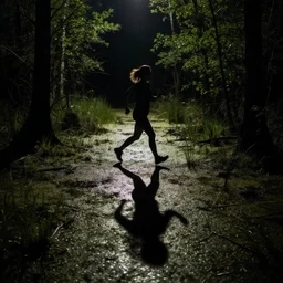 Shadow of woman running in the night in the middle of a swamp