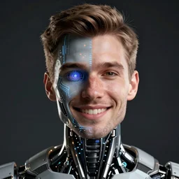 Portrait of a smiling cyborg man with half robot face, digital art, artstation, detailed, realistic