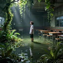student, alone, in an empty dark flooded classroom, overgrown with aquatic plants