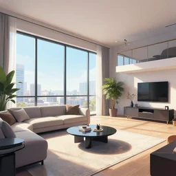 cool trendy penthouse apartment interior, extremely detailed, sharp focus, wide view, full body shot, smooth, digital illustration, by james jean, by rossdraws, frank franzzeta, mcbess, sakimichan