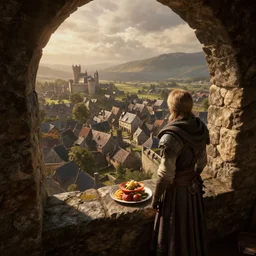 delicious view from standing inside the castle tower looking out at the medieval village below atmospheric unreal engine hyperreallistic render 8 k concept art masterpiece screenshot from the video game the elder scrolls v : skyrim moody orange 2 7 0 0 k global illumination