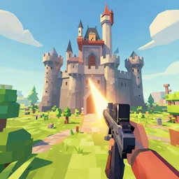 low poly game of a giant attacking a castle, first person, hyper realistic, 8 k