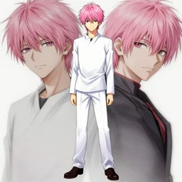 Saiki K, Kusuo Saiki, pink hair male protagonist, manga artwork, detailed artwork, by Ruan Jia and Gil Elvgren, fullbody
