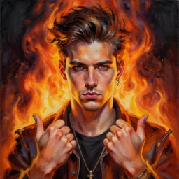 A highly detailed 4k abstract painting of hipster man on fire. Handsome. portrait.  ArtStation