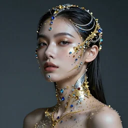 portrait of a beautiful futuristic woman layered with high-tech jewelry wrapping around her face and head and shoulders, golden-silver light with tiny blue, gold, and red gems scattered like dust in moonlight