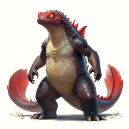 Godzilla-like game character beautiful giant kaiju sized pond dragon half fish half salamander, wet amphibious skin, red salamander, aquatic axolotl creature by Ruan Jia and Gil Elvgren, fullbody