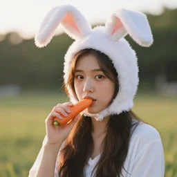 nayeon wearing a rabbit costume and eating a carrot, 5 0 mm, f / 1. 8, outdoors, golden hour