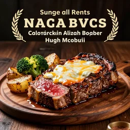 advertising photography of a delicious large cooked and seasoned medium well steak, topped with melted mozzarella cheese, and a side of seasoned vegetable and potato and broccoli medley, all served on a wooden table, spot lighting, restaurant promotional poster