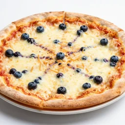 A delicious plate of a big pizza with small blueberries on, extra cheese, close up food photography, studio lighting, Sigma 35mm f/1.4