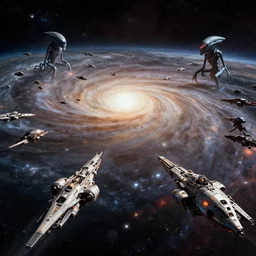 A space battle , deep space and galactic fleet at war with aliens in the style of Syd Mead , Chris Foss .