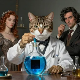 an aristocratic cat dressed as a scientist intrigued by a refined transparent flacon filled with magic blue iridescent liquid, there is a black square on the bottle, art highly detailed, by frank frazetta, keith parkinson and greg rutkowski and aleksandra skiba and dali, concept art,