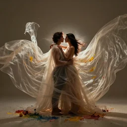 wide portrait of a beautiful couple caressing each other, dramatic lighting, sharing a flowy amazing translucent cloth, splatters of thick paint and flowers