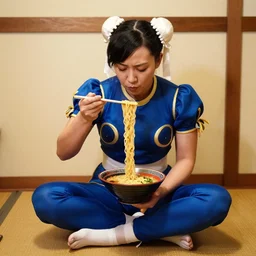 Award winning photograph of Chun Li sitting on the floor eating ramen noodles