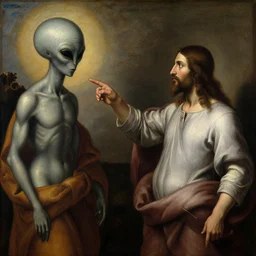 a man pointing at jesus and insist god is an alien, the renaissance art, oil painting