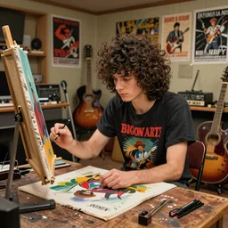 pretty punk rock young man mid 20s with messy very long curly dark brown hair and a band tee painting in a vintage 80s artist studio interior, old wood floors, musical instruments and band posters, messy maximalist interior, warm, painting by Craig Mullins, octane rendering, soft morning lighting, wide angle lens, low view, in the style of Hayao Miyazaki, trending on artstation,