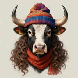 symmetry!! portrait of bull wearing a colorful beanie!, scarf!, long curly hair intricate, elegant, highly detailed, digital painting, artstation, concept art, smooth, sharp focus, illustration, art by artgerm and greg rutkowski and alphonse mucha, 8 k