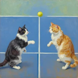 dois gatos jogando pingue - pongue, oil painting