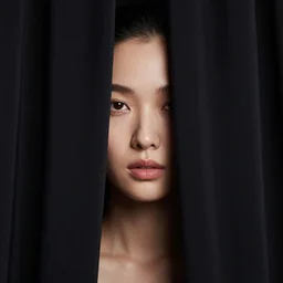 female supermodel face behind black curtains