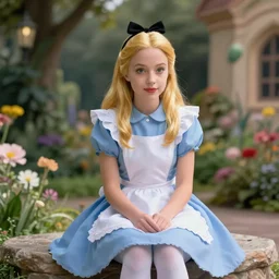 alice sitting, alice in wonderland theme, disney photo realistic, octane render, 8 k, unreal engine, hd, cinematic lighting