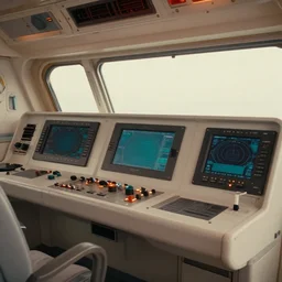 Film still of the bridge of a space ship, large viewscreens, control panels, white plastic, black interface, metallic, soft orange and cyan highlights, neutral light, soft edges, calm feeling, Cinestill colour cinematography, anamorphic