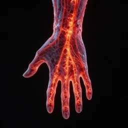 hand of ice with glowing veins, black background, red, orange