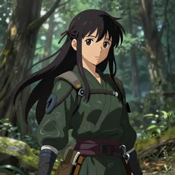 a beautiful girl with long dark hair, wearing a ninja uniform, forest background, fantasy, intricate, highly detailed, digital painting, artstation, official media, anime key visual, concept art, rich vivid colors, ambient lighting, sharp focus, illustration, art by Artgerm, Makoto Shinkai, Ilya Kuvshinov, Lois Van Baarle, and Rossdraws