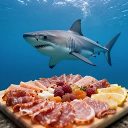 underwater photo still of a great white shark looking at a charcuterie platter, 8 k