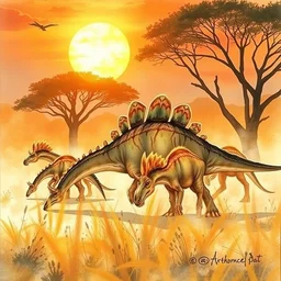 a herd of pentasaurus grazing in a warm, sun - filled savannah at the golden hour, water color, art by artgerm and greg rutkowski and alphonse mucha and jin xiaodi and anthony devine