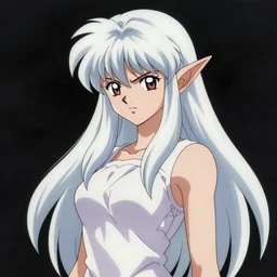 woman with big pointy ears, long whitened hair, wearing a sleeveless dress, art by akira toriyama, portrait, medium shot, digital painting, smooth, sharp focus, realistic