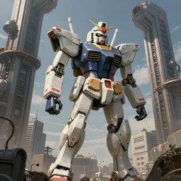 mechanical robots gundam inside giant industrial structures in a city, style by dylan cole, digital art, matte painting, artstation, concept art