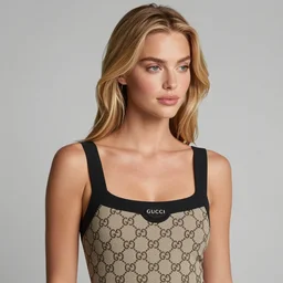 olive skinned strawberry - blonde haired female model in her twenties, wearing a gucci brand dress, looking content, focused on her neck, photo realistic, extreme detail skin, natural beauty, no filter, slr, golden hour, 4 k, high definition, selfie