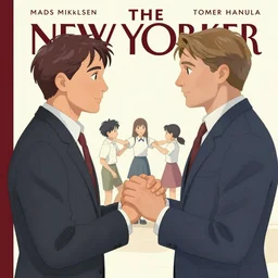 medium close up poster of Mads Mikkelsen and Hugh Dancy holding hands romantically as they chaperone school dance by ((Zdzislaw Beksinski)), Michael Whelan, Bob Larkin and Tomer Hanuka, simple illustration, domestic, nostalgic, clean,  by Makoto Shinkai and thomas kinkade, Matte painting, trending on artstation and unreal engine, New Yorker magazine cover