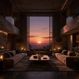 videogame screenshot of a very dark dreamy sunset luxury maximalist living room, candlelight, cinematic sunset glow, dark shadows, wood concrete marble finishes, octane render, volumetric lighting, raytracing, symmetrical wide shot low angle, by maxfield - parrish