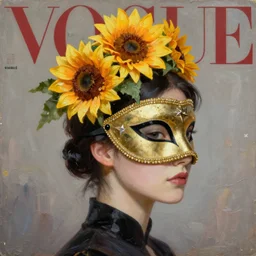 masquerade ball mask, sunflower tiara, korean audrey hepburn, vogue magazine, elle magazine, greg rutkowski, john singer sargent, trending on artstation, anime, oil painting, side profile portrait, looking right, intricate