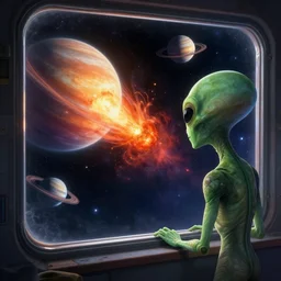 an alien looking through a window into space watching planets explode, digital art, exquisite detail, vibrant colors
