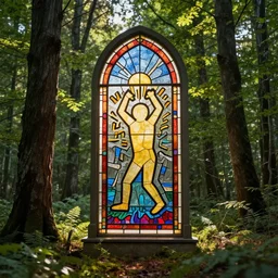 Hyper realistic photo of a stained glass window depicting Keith Haring graffiti art with sunlight shining through it standing alone in between some trees in a lush taiga forest