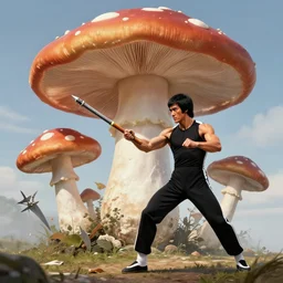 bruce lee fighting with a giant mushroom, nunchucks, star knives, dreamscape, highly detailed, photorealistc, concept art, 8 k