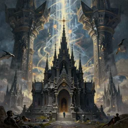 a beautiful painting of a dark souls buildings by ivan aivazovsky and rhads and greg rutkowski and james gurney, in style of digital art, magic portal between two large pillars, mystic, energy beam, hyper detailed, sharp focus, soft light. octane render. ray tracing. trending on artstation