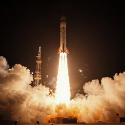 photograph of a 1 9 6 0 s era rocket launching and leaving huge plumes of smoke, cinematic, volumetric lighting, night, thunder