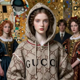 a masterpiece ultrarealistic ultradetailed portrait of a incredibly beautiful princess in oversized gucci hoodie. baroque renaissance. medium shot, intricate, elegant, highly detailed. trending on artstation, digital art, by stanley artgerm lau, wlop, rossdraws, james jean, andrei riabovitchev, marc simonetti, yoshitaka amano. background by james jean and gustav klimt, light by julie bell, 4 k, porcelain skin.
