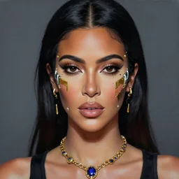 shoulder level close up center frame portrait painting of kim kardashian as beautiful cyberpunk female with minimal intricate futuristic cyberpunk chrome and golden geometric decorative facial piercings, ear rings, gem necklace, realistic digital art, rembrandt lighting, trending on art station style,