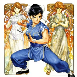 a copic maker manga illustration by yoshiyuki sadamoto and lois van baarle and alphonse mucha of an anime street fighter chung - li, highly detailed eyes detailed face, dynamic tai chi pose by issey miyake and balenciaga 8 k