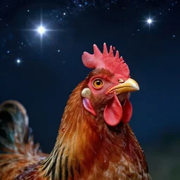 close - up portrait of a wondrous chicken looking alien looking up towards the stars wondering about other intelligence, stars and bright nebula, chesley bonestell, lucien rudaux, rolf klep