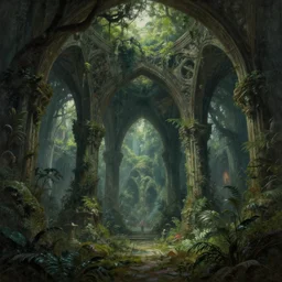 beautiful detailed dramatic fantasy painting of an alternate lush world in another reality, arches, archways madness