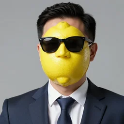 still of a man in a suit wearing a plastic mask of a lemon with sunglasses, 4k, photorealistic, hd