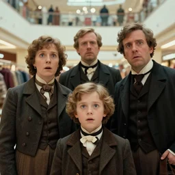 sharp, highly detailed, high quality 70mm frame scan from a sci fi blockbuster color movie made in 2019, a family of four time travelers from 1890 travel in time to 2019, appearing in a shopping mall, looking surprised, the family are all wearing 1890s era clothes, good lighting, in focus, cinematic still, high quality scan, in focus, 35mm macro lens, detailed eyes, realistic faces and details, oscar winner, award winning lighting, award winning photography, ultra high definition